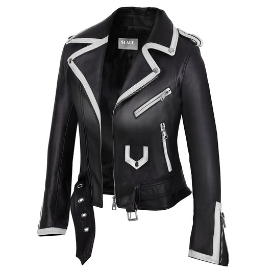 Cynthia Womens' Black Classic Lamb Skin Leather Jacket With White Straps