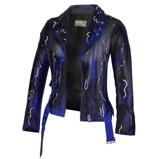 Johanne Light Weight Dark Blue and White Strings Real Lamb Skin Clubwear Leather Jacket