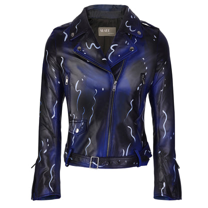 Johanne Light Weight Dark Blue and White Strings Real Lamb Skin Clubwear Leather Jacket