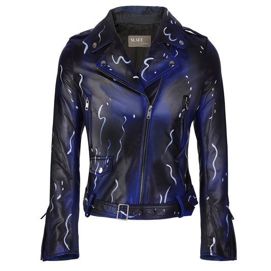 Johanne Light Weight Dark Blue and White Strings Real Lamb Skin Clubwear Leather Jacket