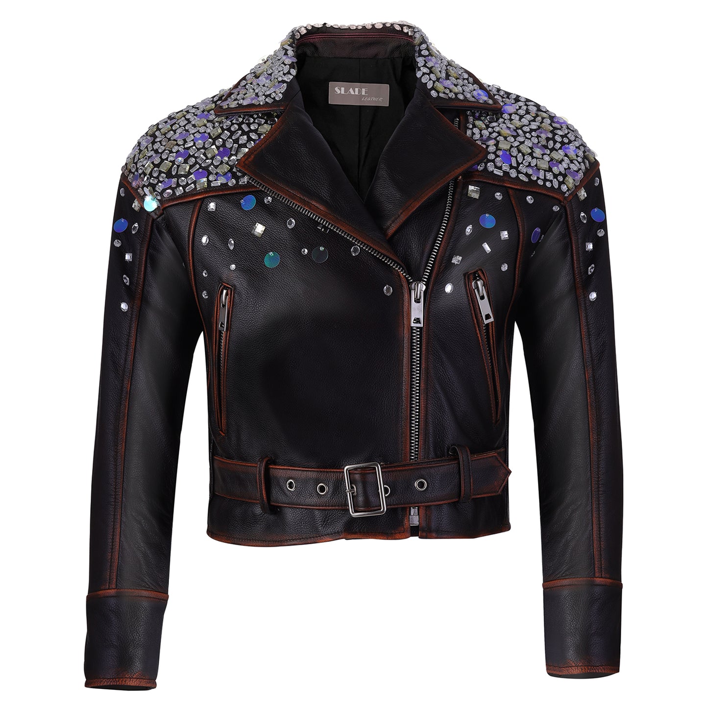 Crystal Womens' Retro Brown Naked Cowhide Skin Leather Jacket With Crystal On Shoulder and Chest