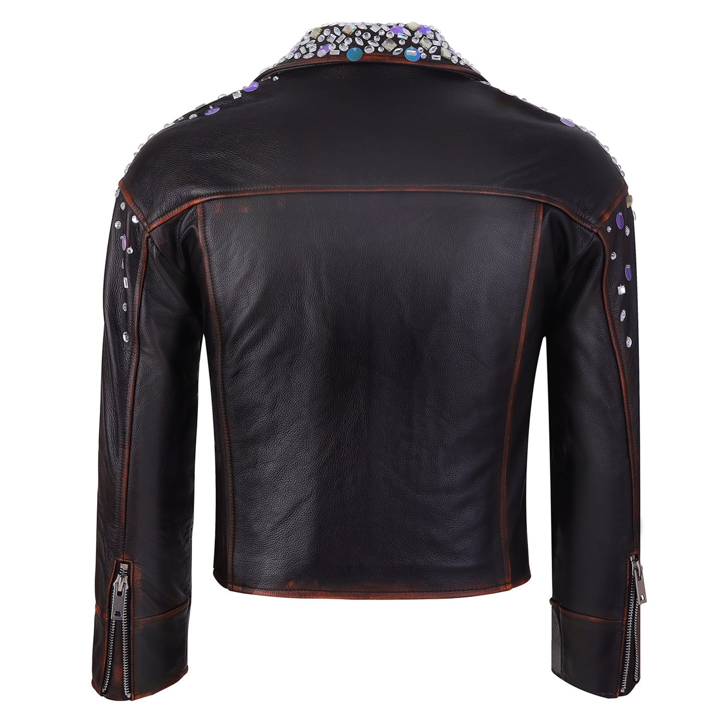 Crystal Womens' Retro Brown Naked Cowhide Skin Leather Jacket With Crystal On Shoulder and Chest