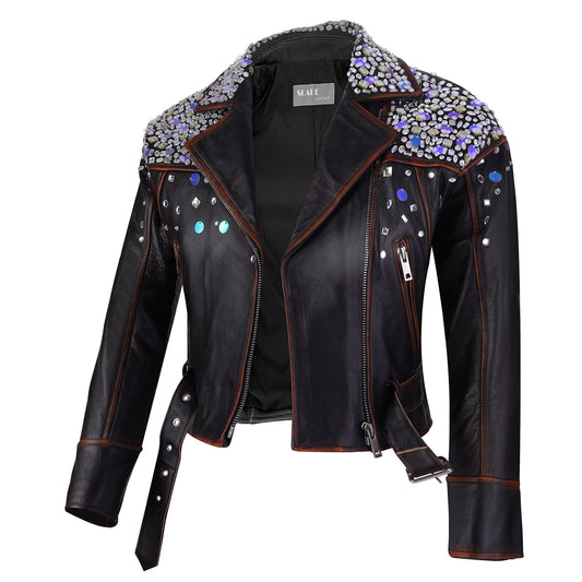 Crystal Womens' Retro Brown Naked Cowhide Skin Leather Jacket With Crystal On Shoulder and Chest