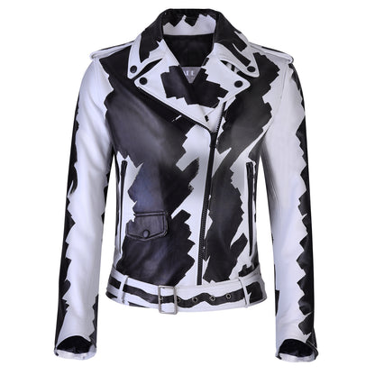 Akmar Men's Black and White Classic Soft Lamb Skin Leather Jacket With Belt