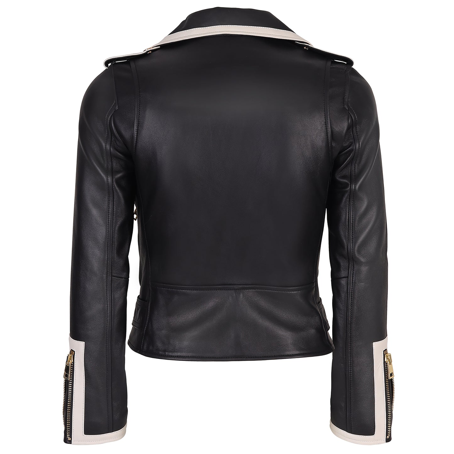 Cynthia Womens' Black Classic Lamb Skin Leather Jacket With White Straps