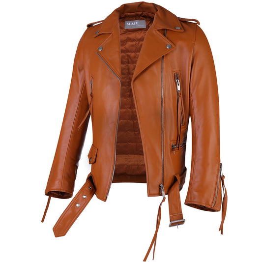 Rita Womens' Brown Classic Soft Lamb Skin Leather Jacket With Belt.