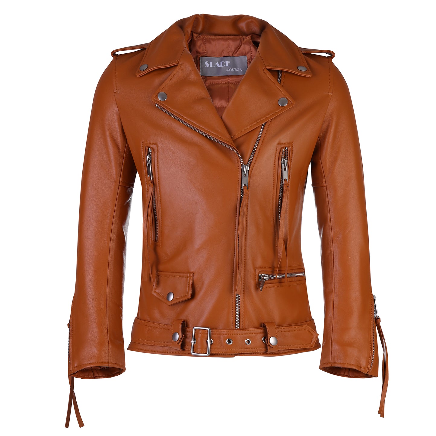 Rita Womens' Brown Classic Soft Lamb Skin Leather Jacket With Belt.