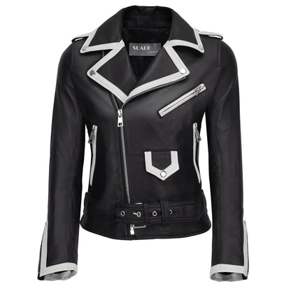 Cynthia Womens' Black Classic Lamb Skin Leather Jacket With White Straps