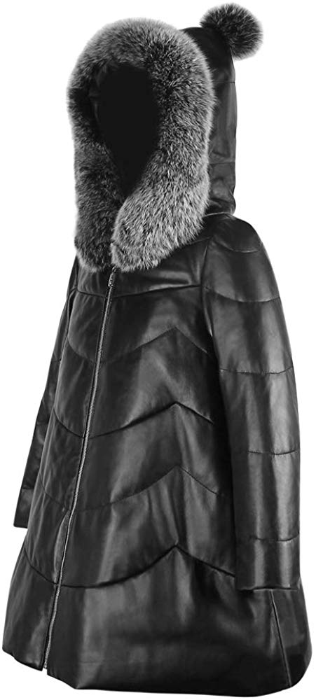 Women Fashion Bomber Real Lamb Skin Leather Long Coat WIth Fur On The Hoodie